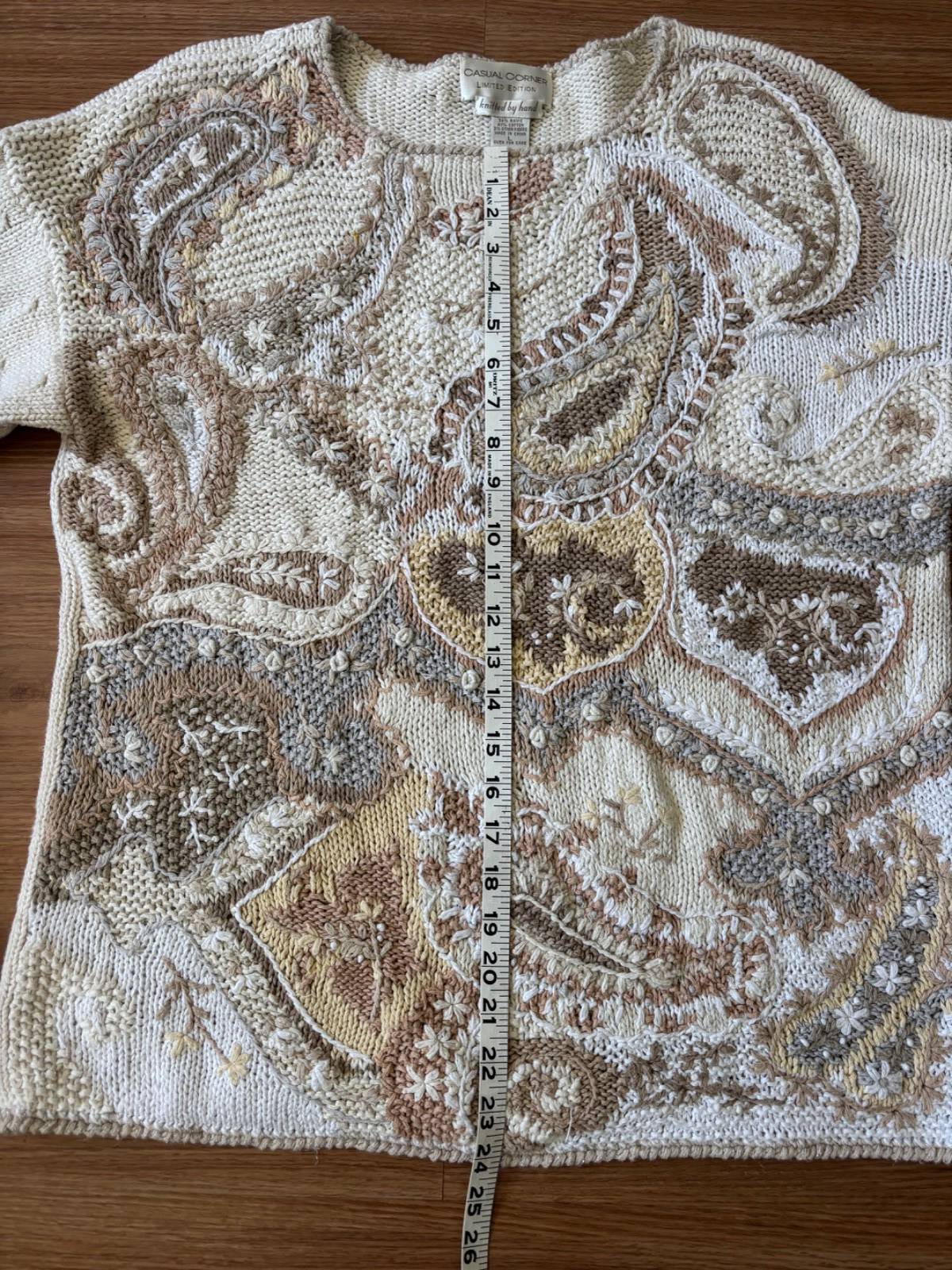 VTG Casual Corner Hand Knitted Sweater 90s Women&rsquo;s Sz Large Paisley Cream Tan
