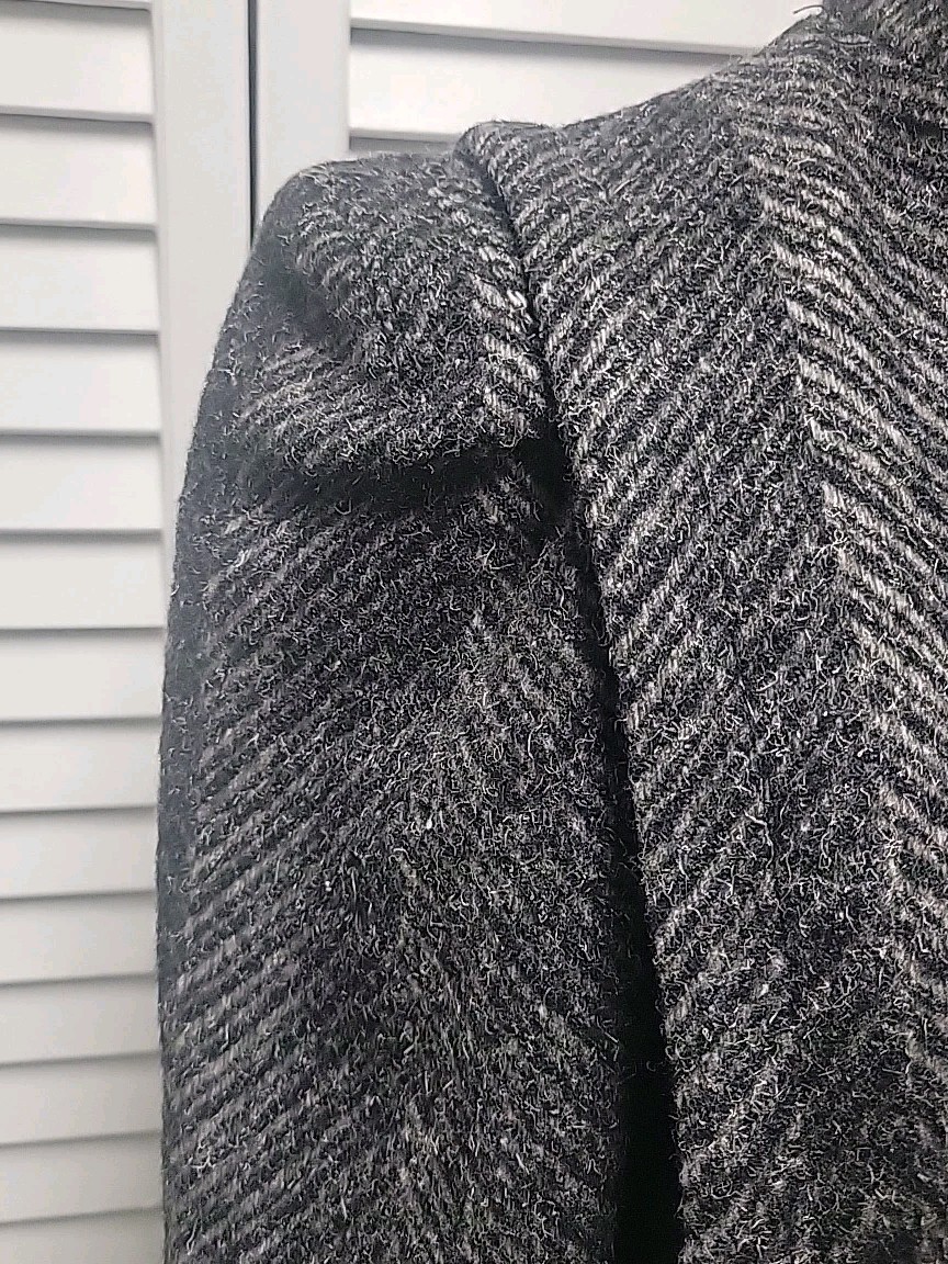 Vtg Herringbone Tweed Chevron Gray Wool Coat Puff Sleeve 80&rsquo;s EUC USA SZ 7