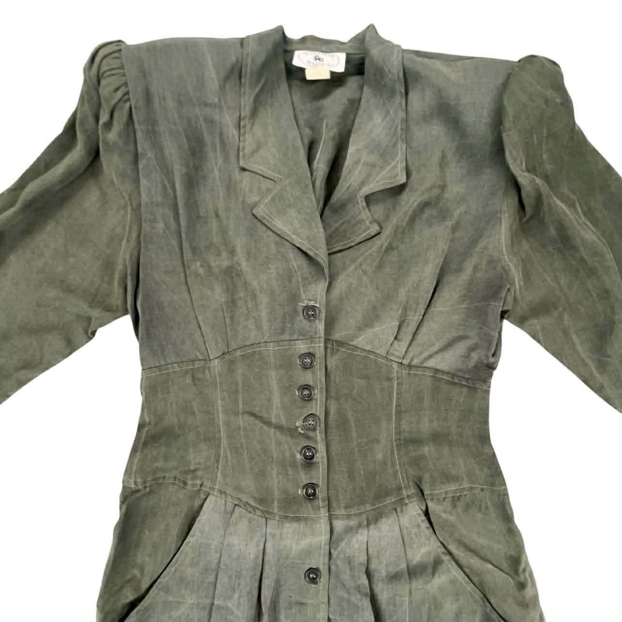Vintage Jonathan Martin Olive Green Button Front Corset Waist Puffy Sleeve Dress