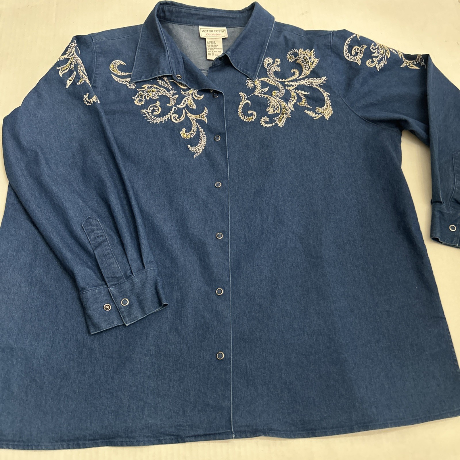 Vintage Victor Costa Occasion Blue Blouse Gold White Embroidery 1X