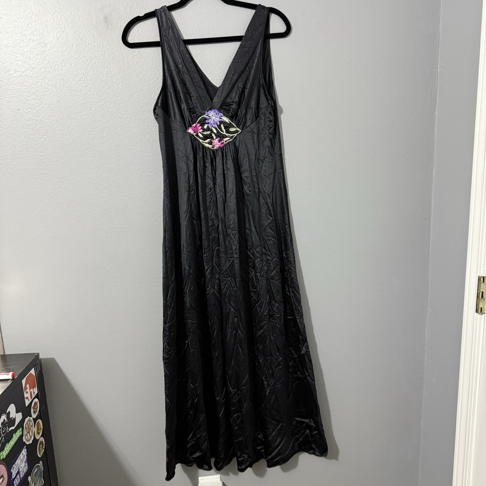 Vintage Vanity Fair Nightgown Black Maxi House Dress Plunge Neck Floral Details