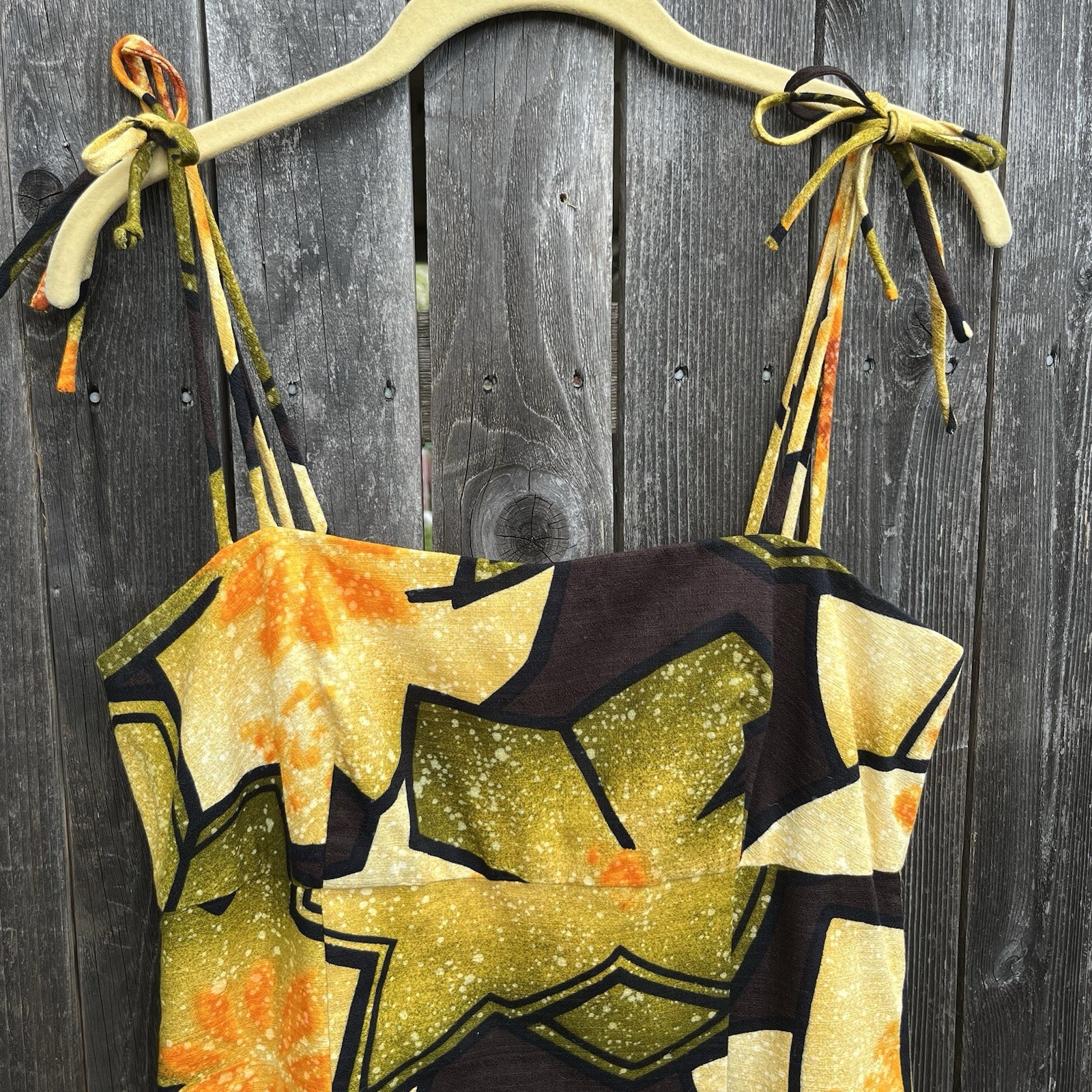 VTG 60s 70s Hawaiian Barkcloth Maxi Dress floral yellow Shoulder tie Sleeveless