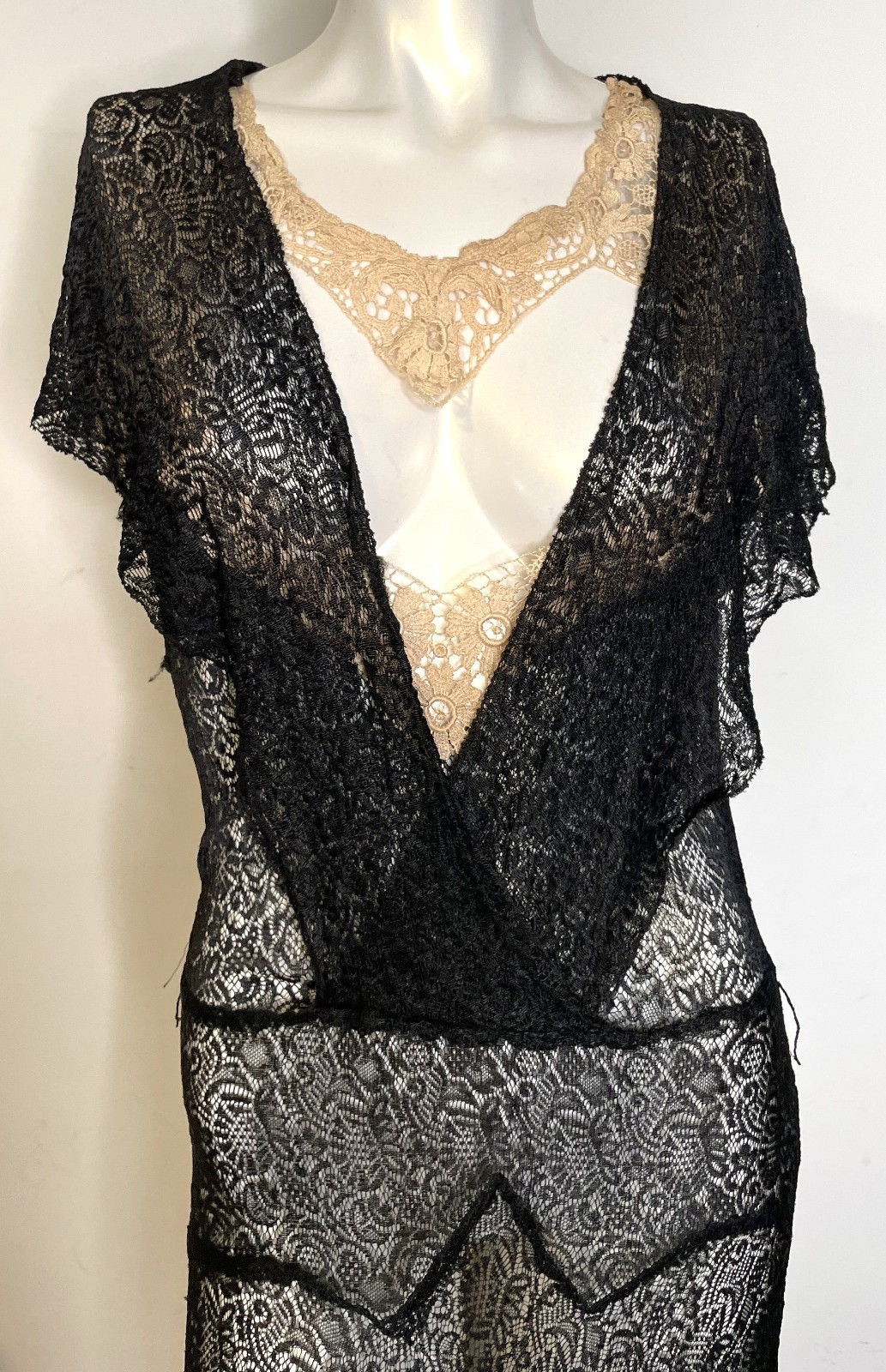 Antique 20s 30s Black Lace Art Deco Dress S M 3-in-1 Sleeveless Midi Fitted