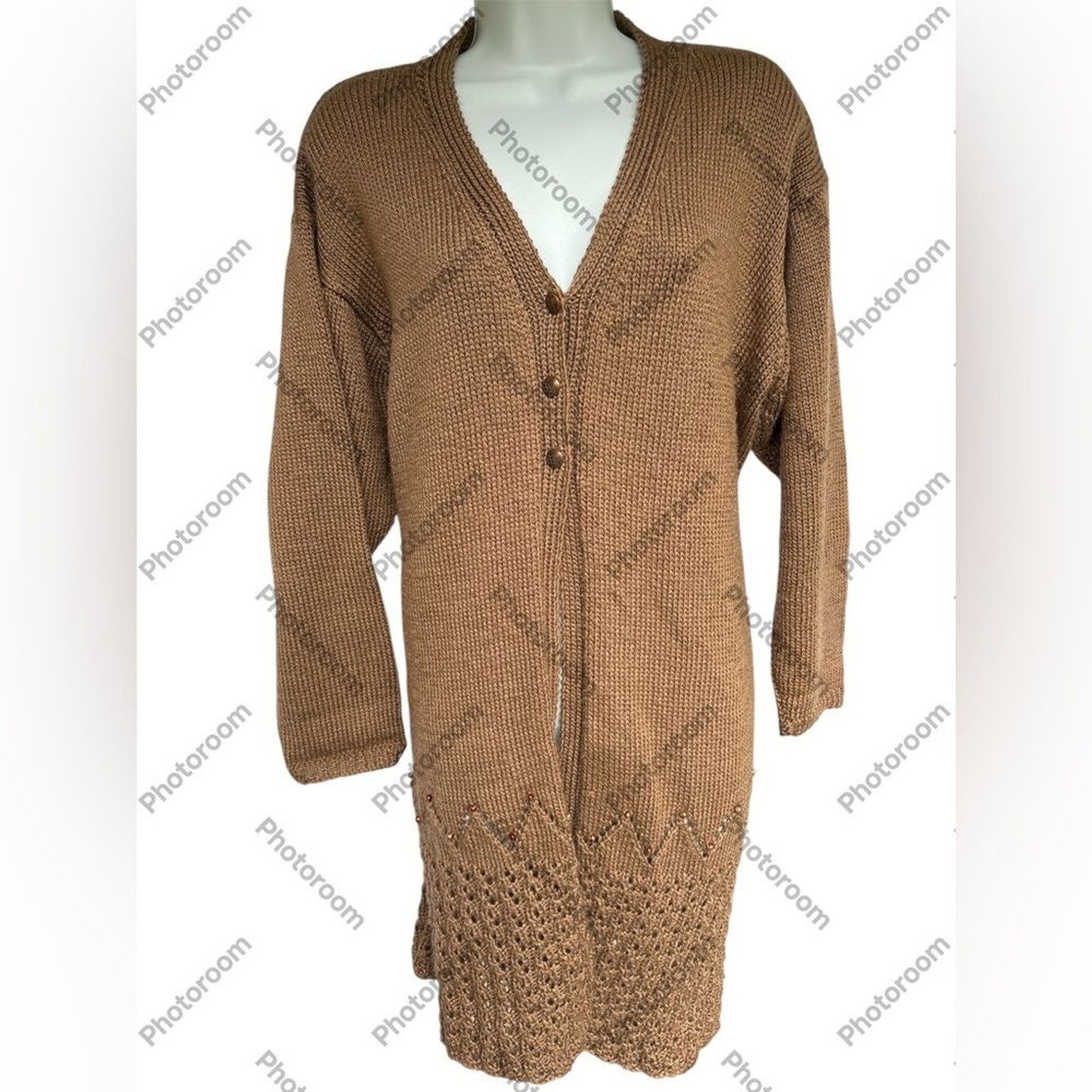 VINTAGE OOAK Handmade Warm Brown Knitted Duster Sweater ONE SIZE S – 3XL