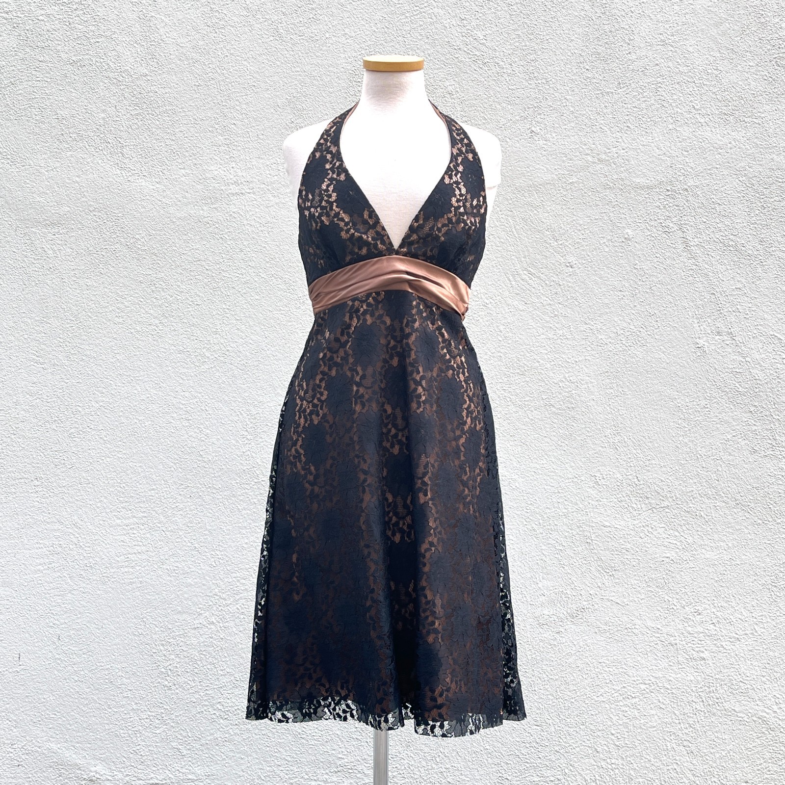 Vintage 80s 90s Bari Jay Black Two Toned Lace and Satin Halter Midi Dress Medium