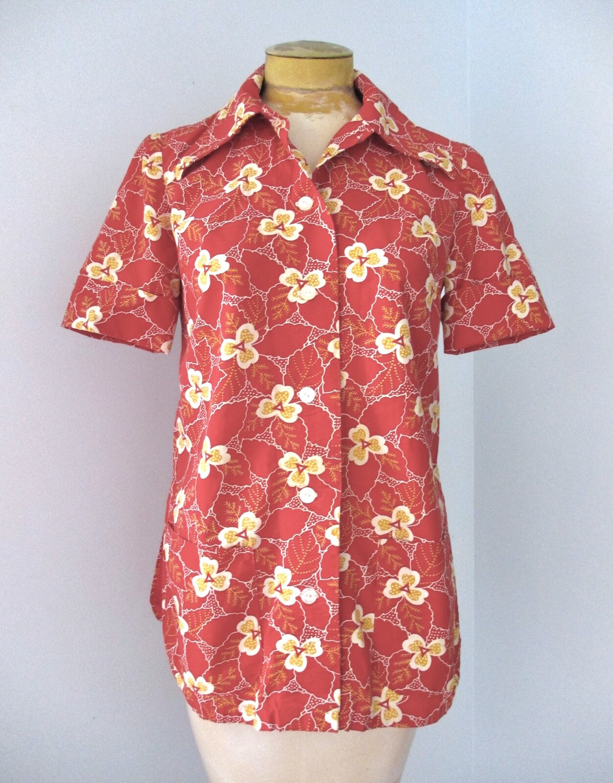 Vtg 60s 70s Red Yellow Floral Cotton Smock Top Blouse Pockets Dagger Collar S/M