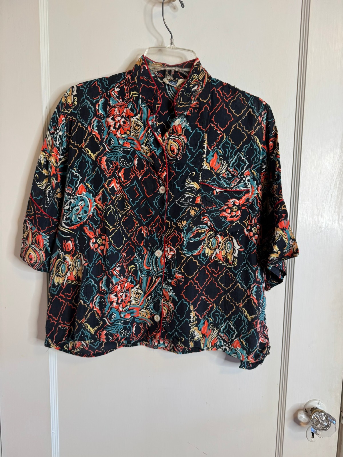 Vtg 1940&rsquo;s Pajama Blouse Short Sleeve Button Front Loose Fit Sz L