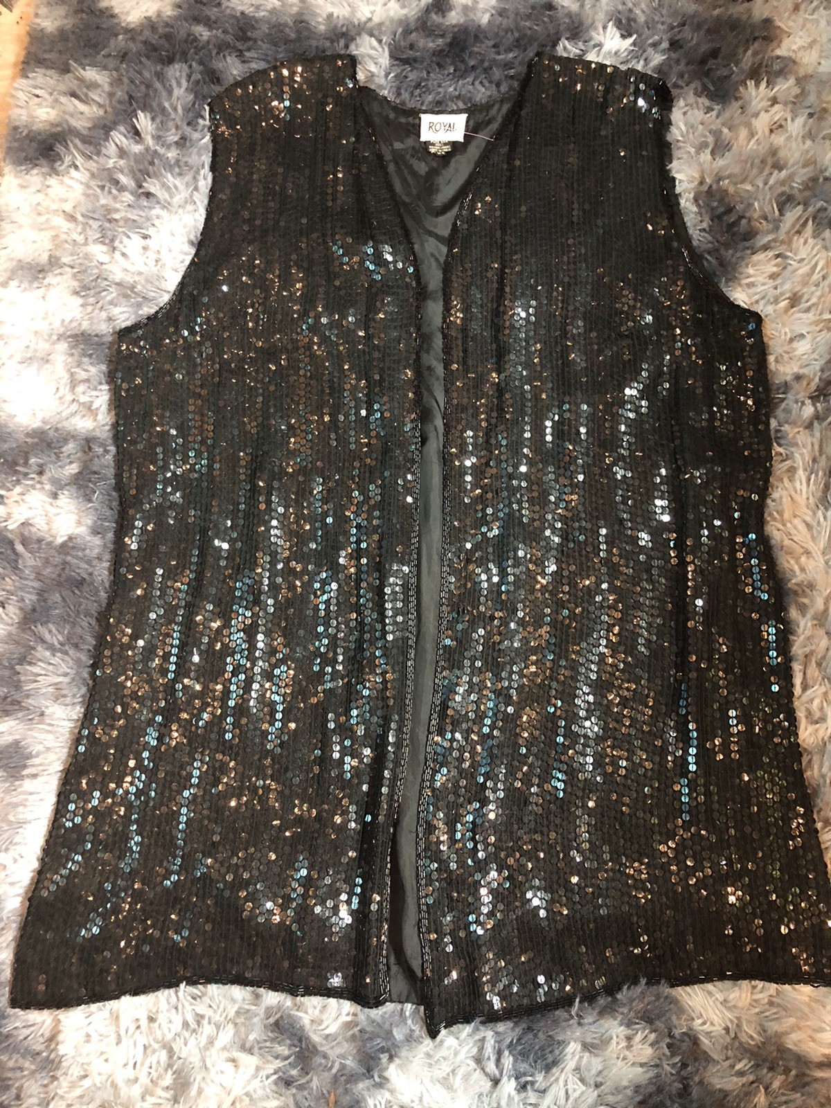 Vintage “Royal” Black Silk Sequined Sleeveless Jacket/Duster~XXL
