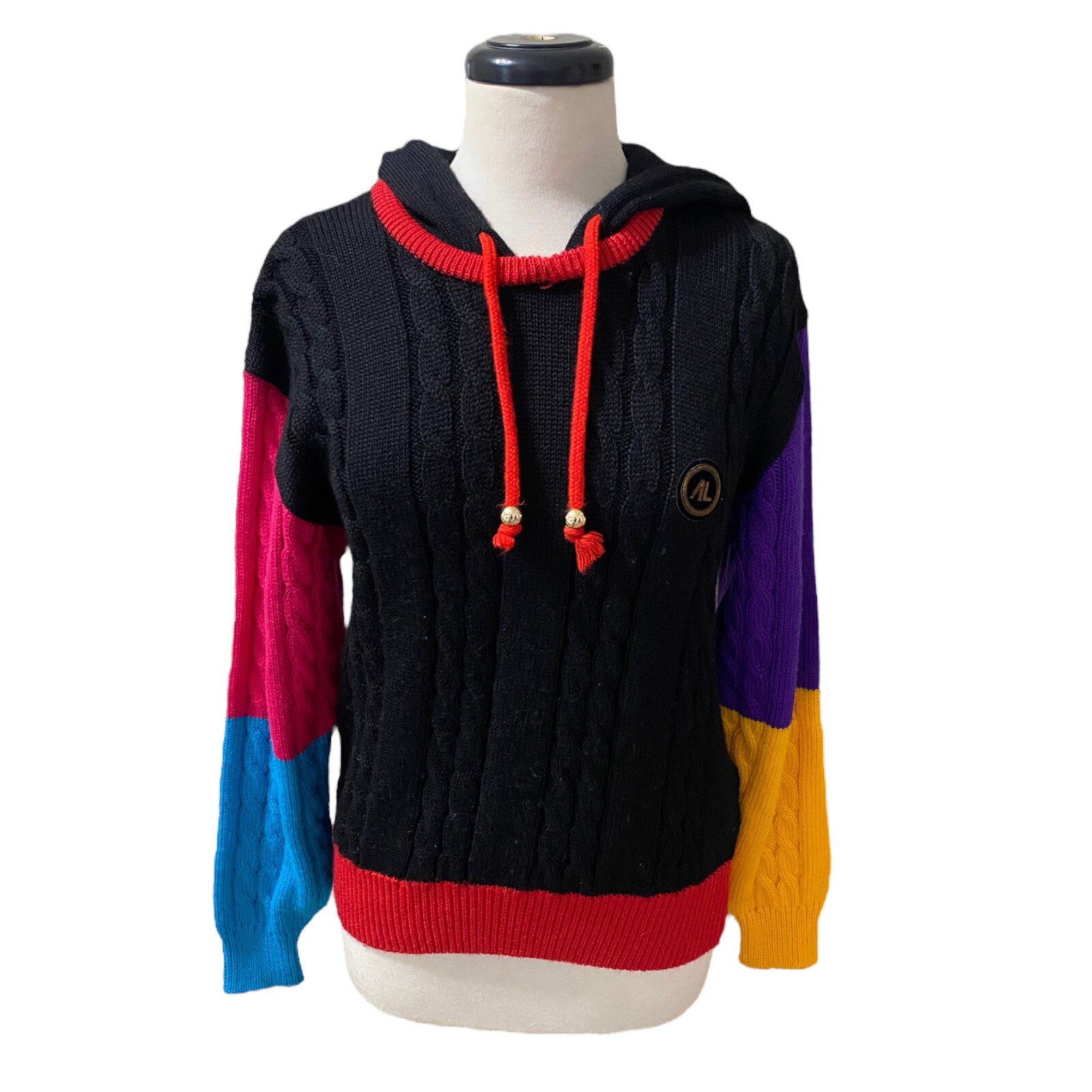 VTG AL Andre Luciano Milano Black Color Block Cable Knit Hooded Sweater Japan S