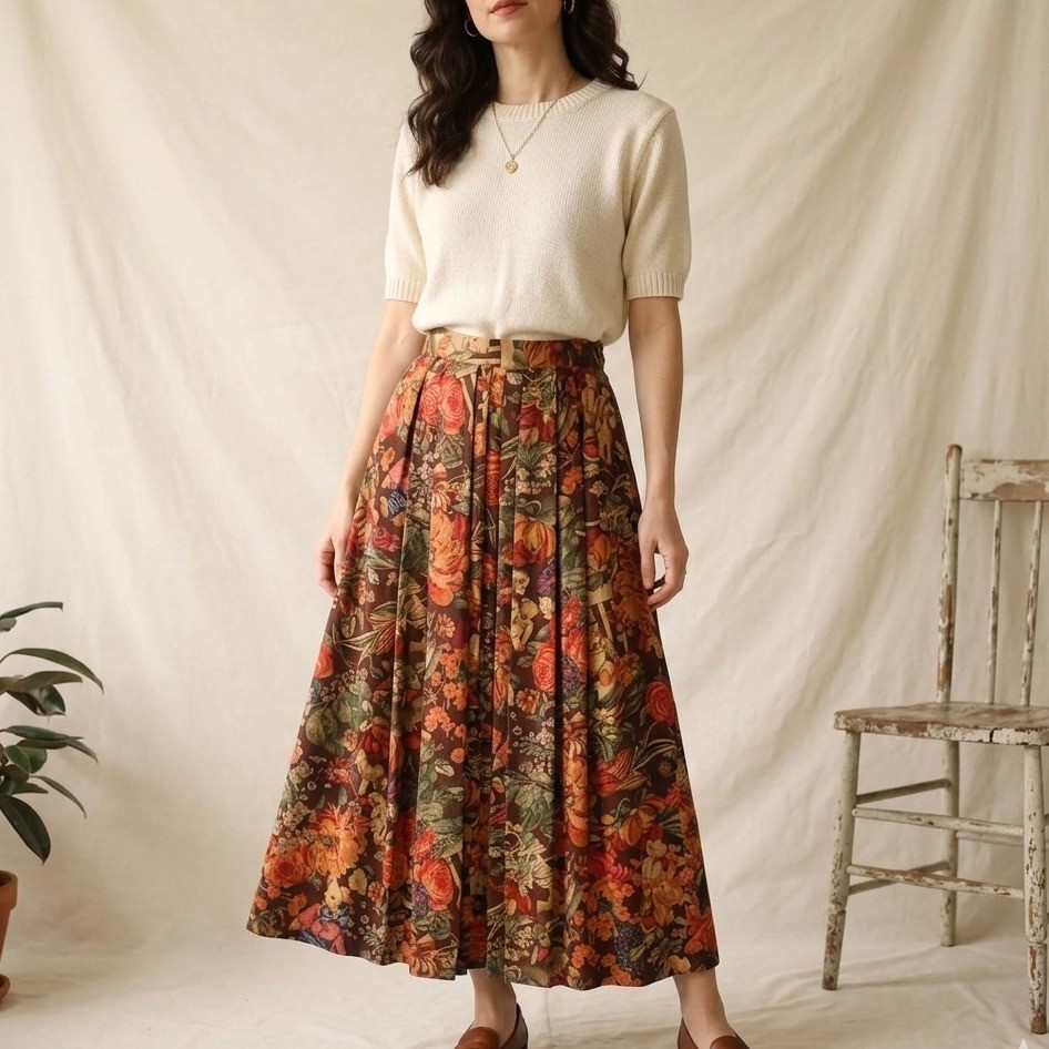 Geiger Vintage Wool Pleated Maxi Skirt Floral Teddy Bear Toys Austria 42 Small