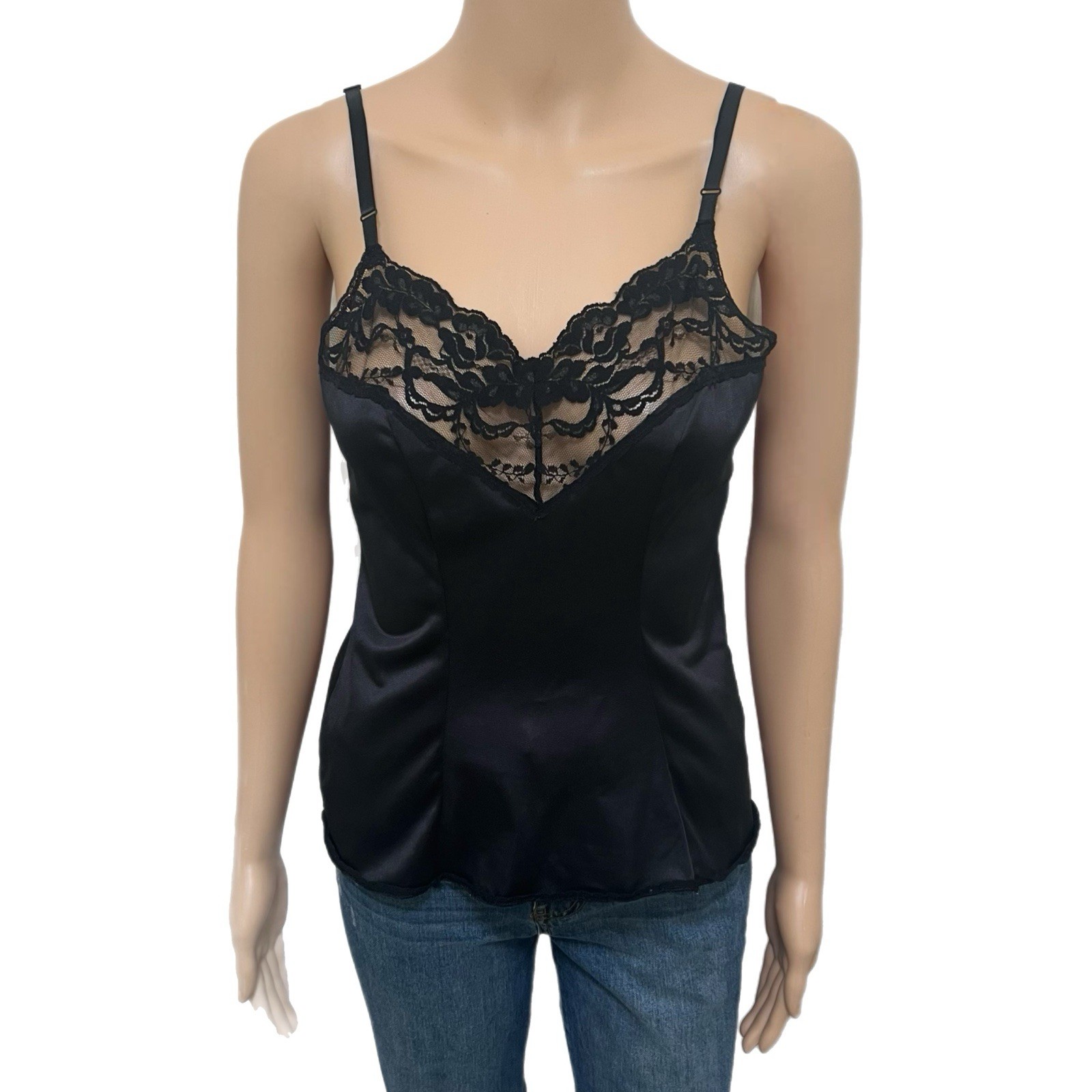 Vintage Vassarette Lingerie Top Womens 80s Black Lace Camisole Tank Top – S