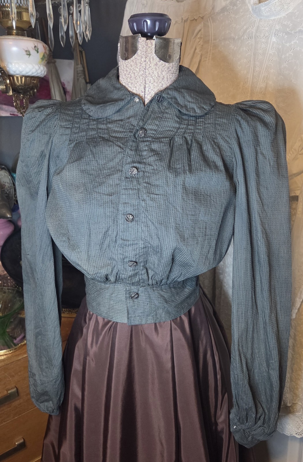 Dark Teal Late Victorian Workwear Shirtwaist w/ Metal Mirrored Shank Buttons