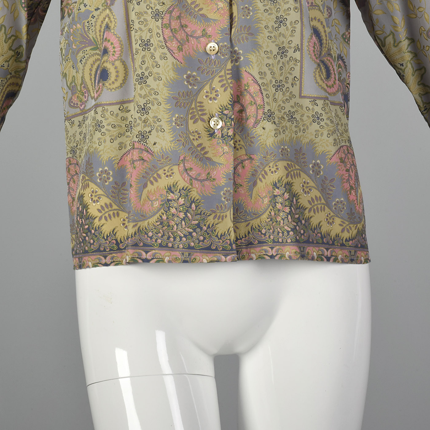 Large 1970s Byblos Silk Blouse Grey Baroque Print VTG Metallic Gold Button Up