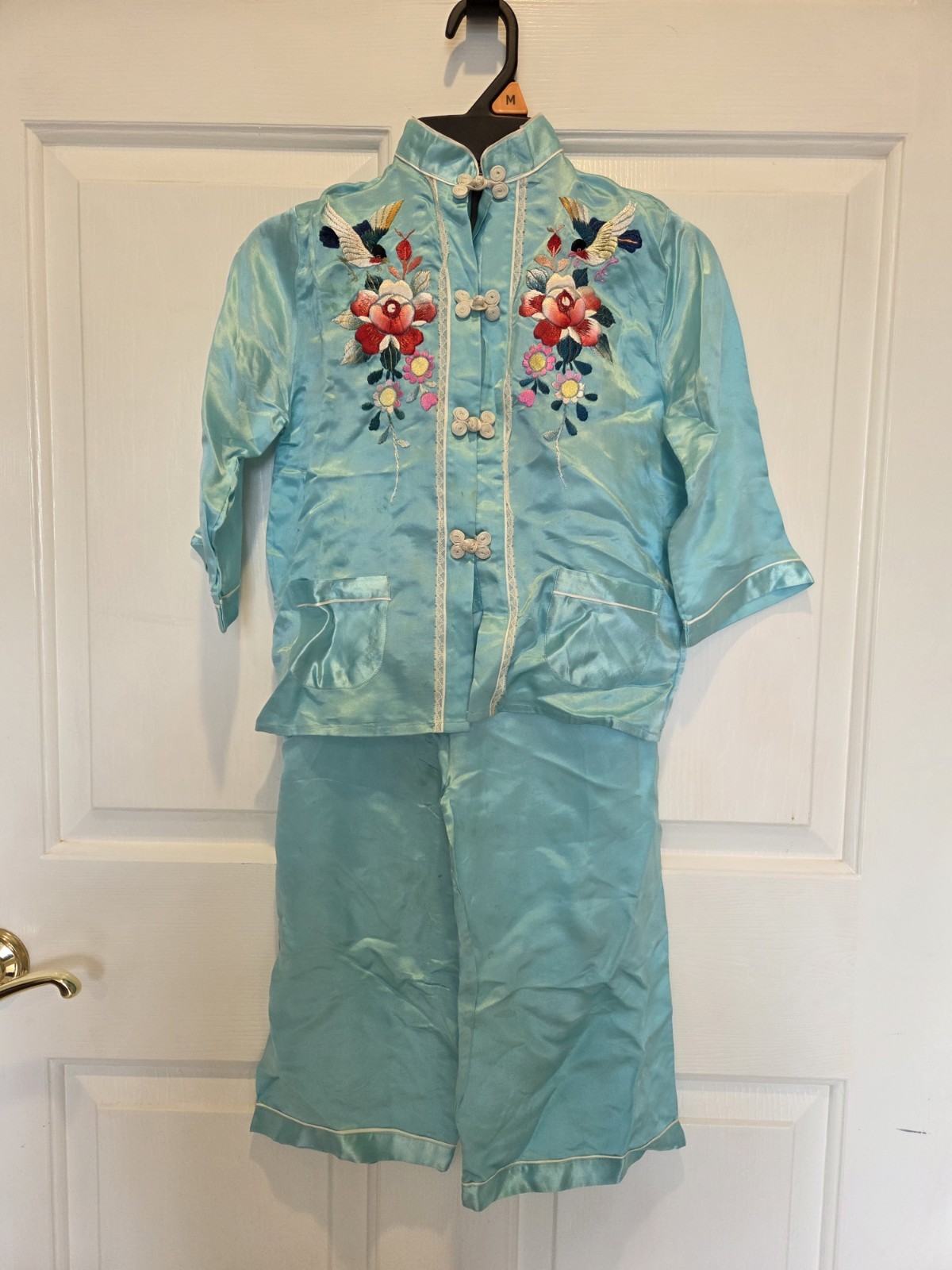 Vintage Oriental Silky Child&rsquo;s Embroidered Pajamas Set Size MEDIUM