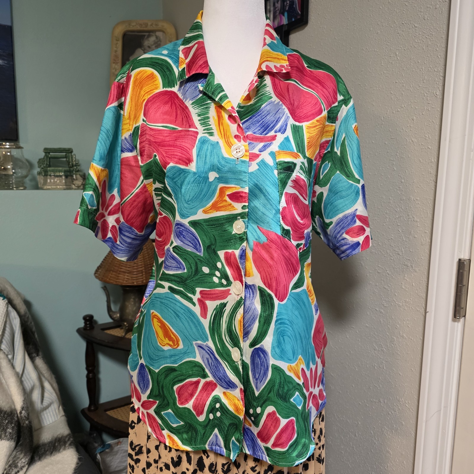 Vintage Russ Petites Abstract Floral Button Blouse Pink Blue Short Sleeve 14