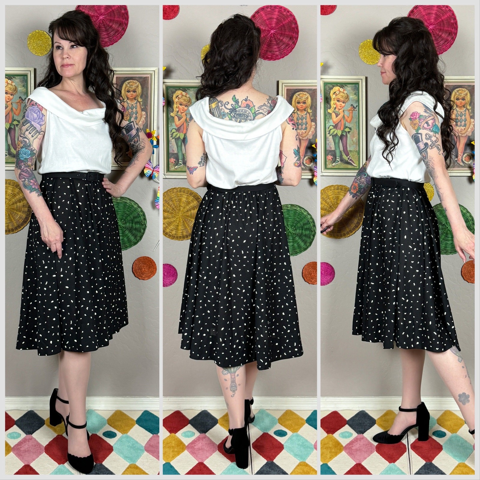 Vintage 1970s Black and White Off The Shoulder Fit and Flare Midi Dress | M/L