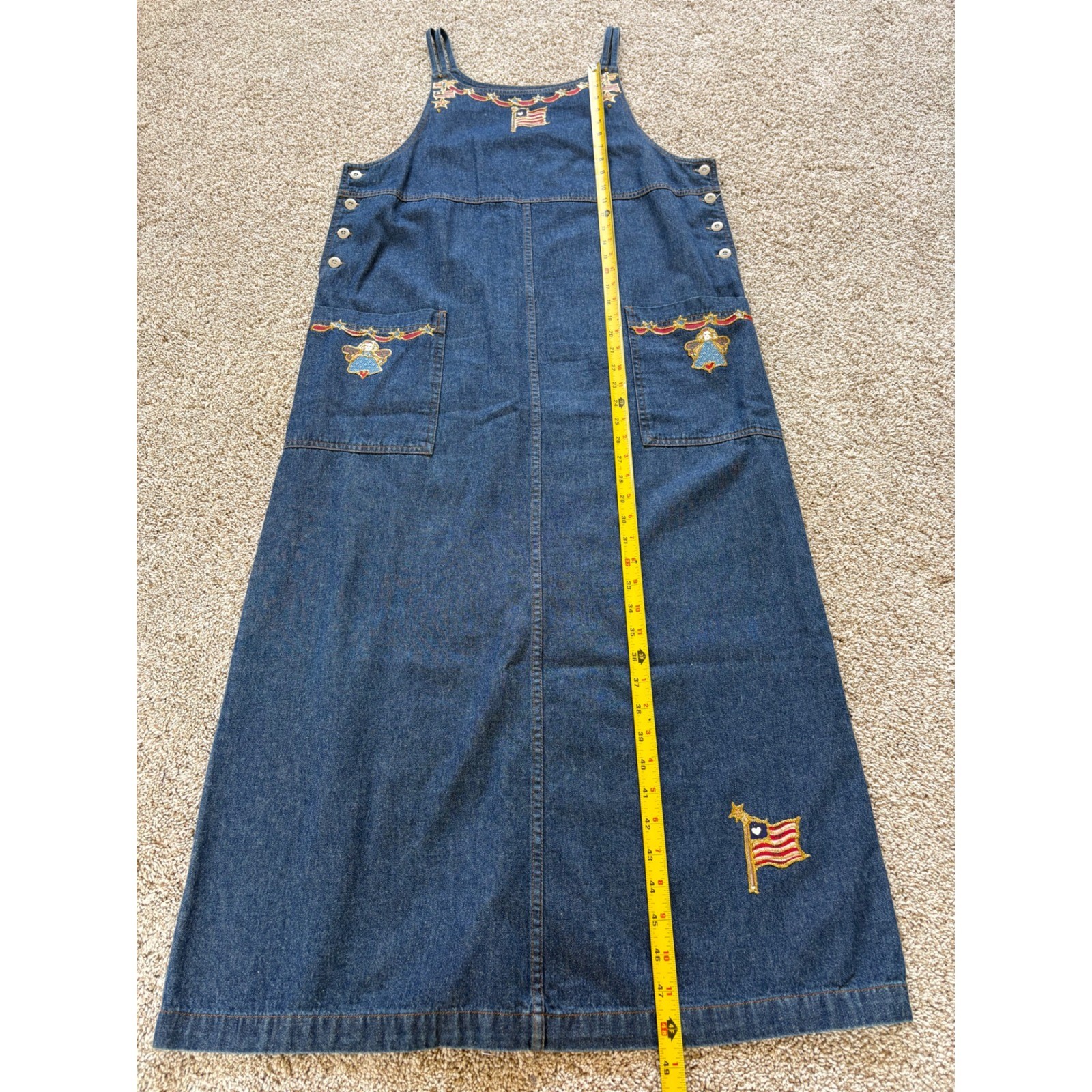 Vtg Basic Editions M Denim Jean Maxi Dress Blue Embroidered Flag Angel Patriotic