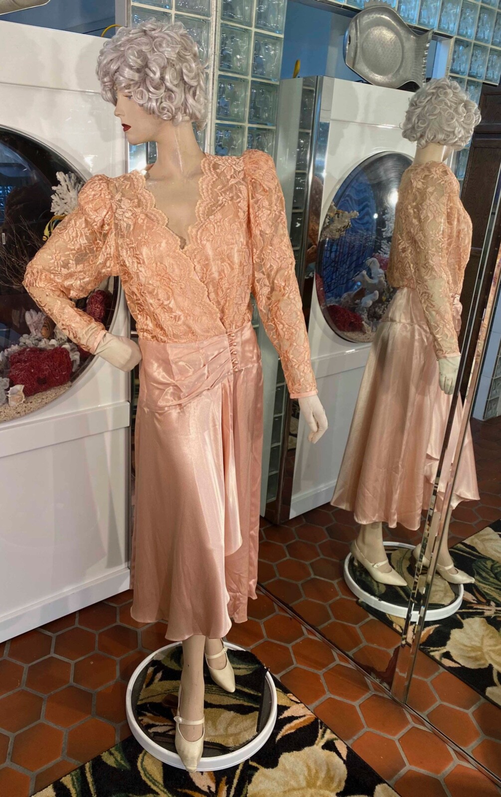VTG 80s 90s B.B. Collections Victorian Inspired Lace Peach Dress size 8