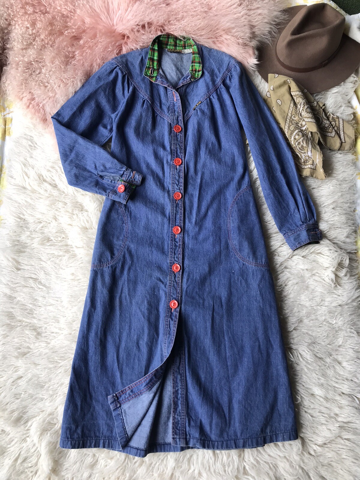 Vintage 70&rsquo;s Denim Orange Button Plaid Detail Dress Gunne Homespun Colave 1970&rsquo;s