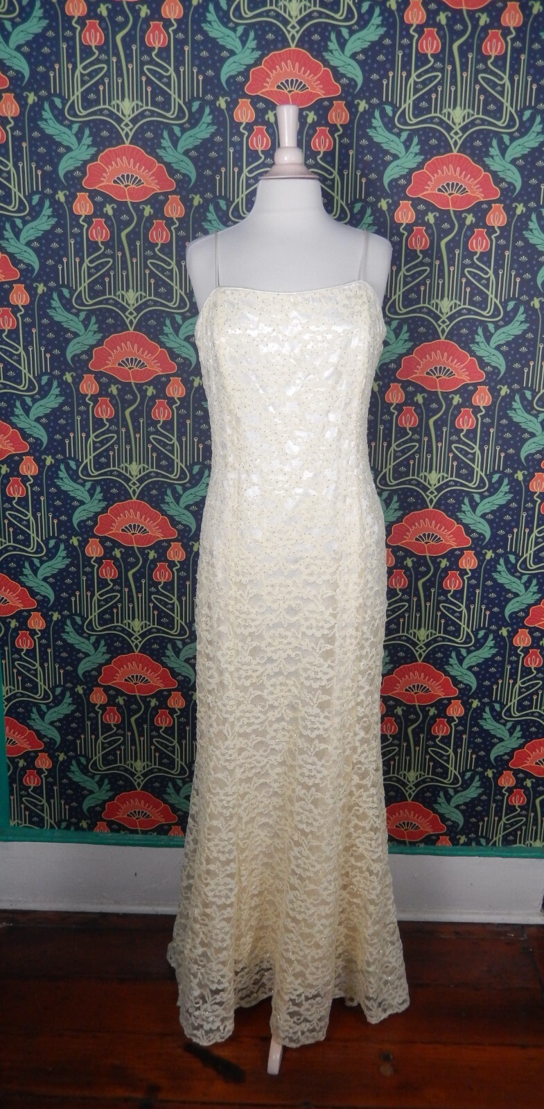 Vintage 90&rsquo;s Y2K Ivory White Satin Lace Gold Glitter Prom Slip Gown Dress