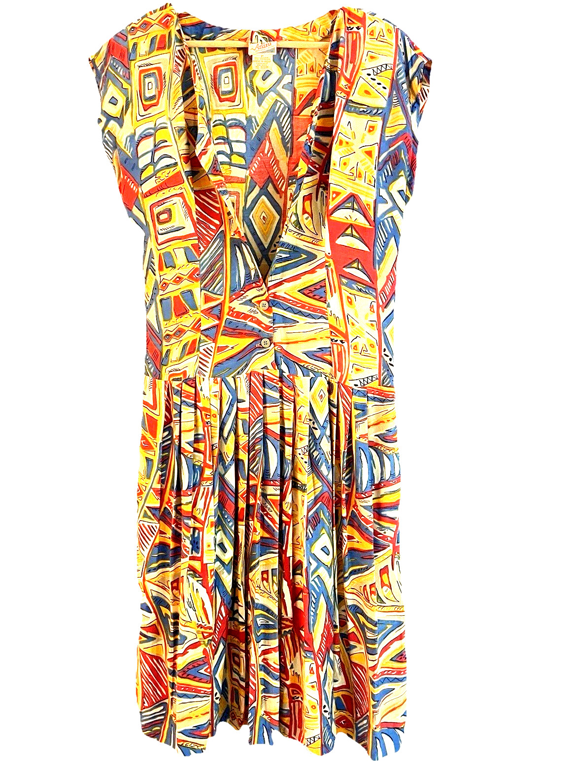 Vintage Adini Abstract Geometric Rayon Midi Dress Made India L Colorful 90s