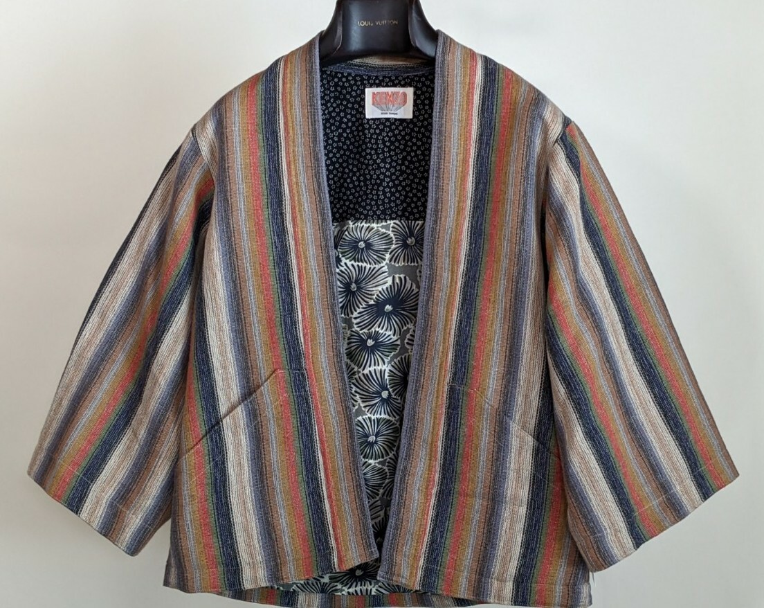Kenzo Vintage 70s Multicolor Wool Stripe Floral Lining Tie Kimono Jacket France