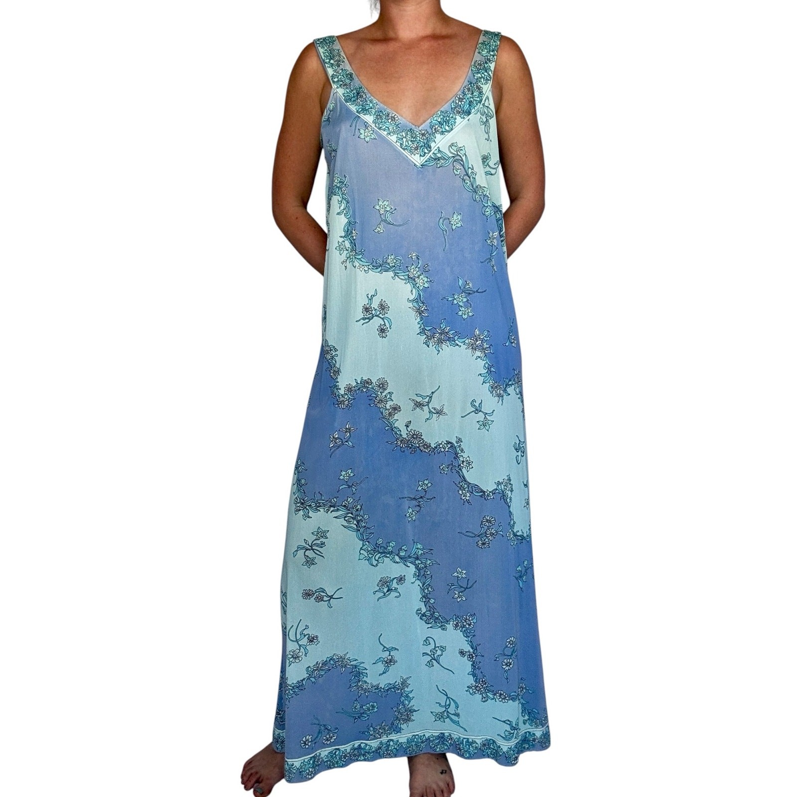 Vintage 1970s EMILIO PUCCI for Formfit Rogers Blue Floral Nylon Maxi Dress Slip
