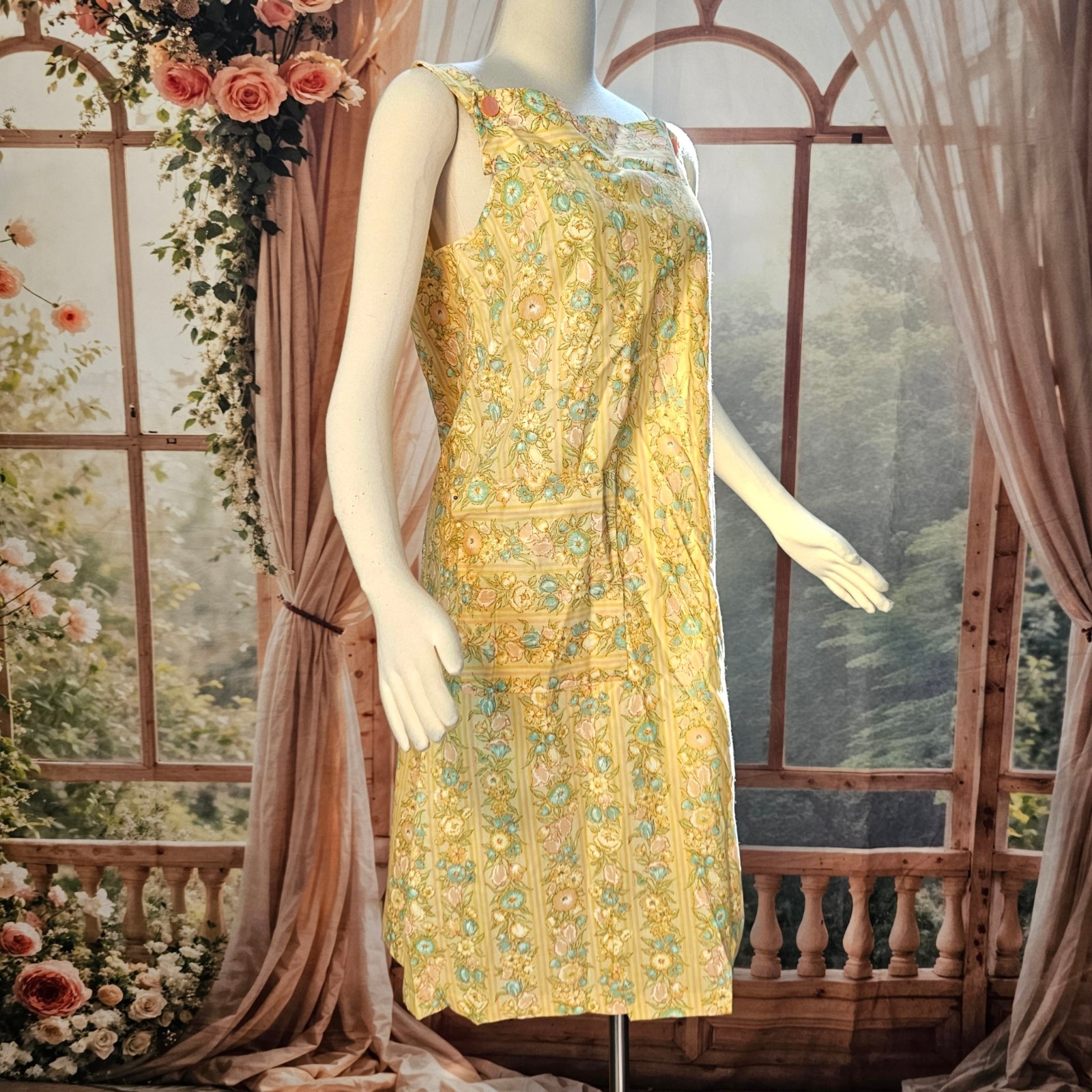 Vintage 1960&rsquo;s Dress Sundress Shift Butter Yellow Floral Cottage Retro Boho