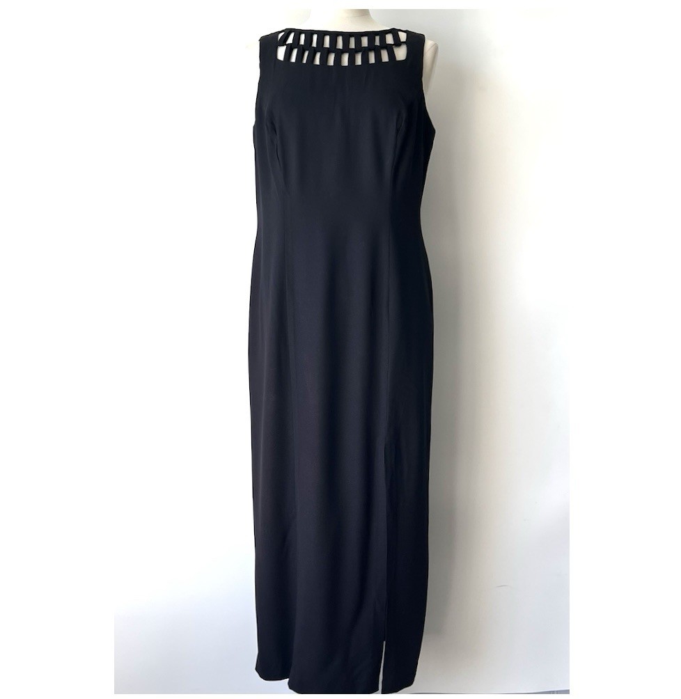 S L Fashions Vintage 90s Maxi Black Dress 14 Front Slit Goth Old Money USA MADE