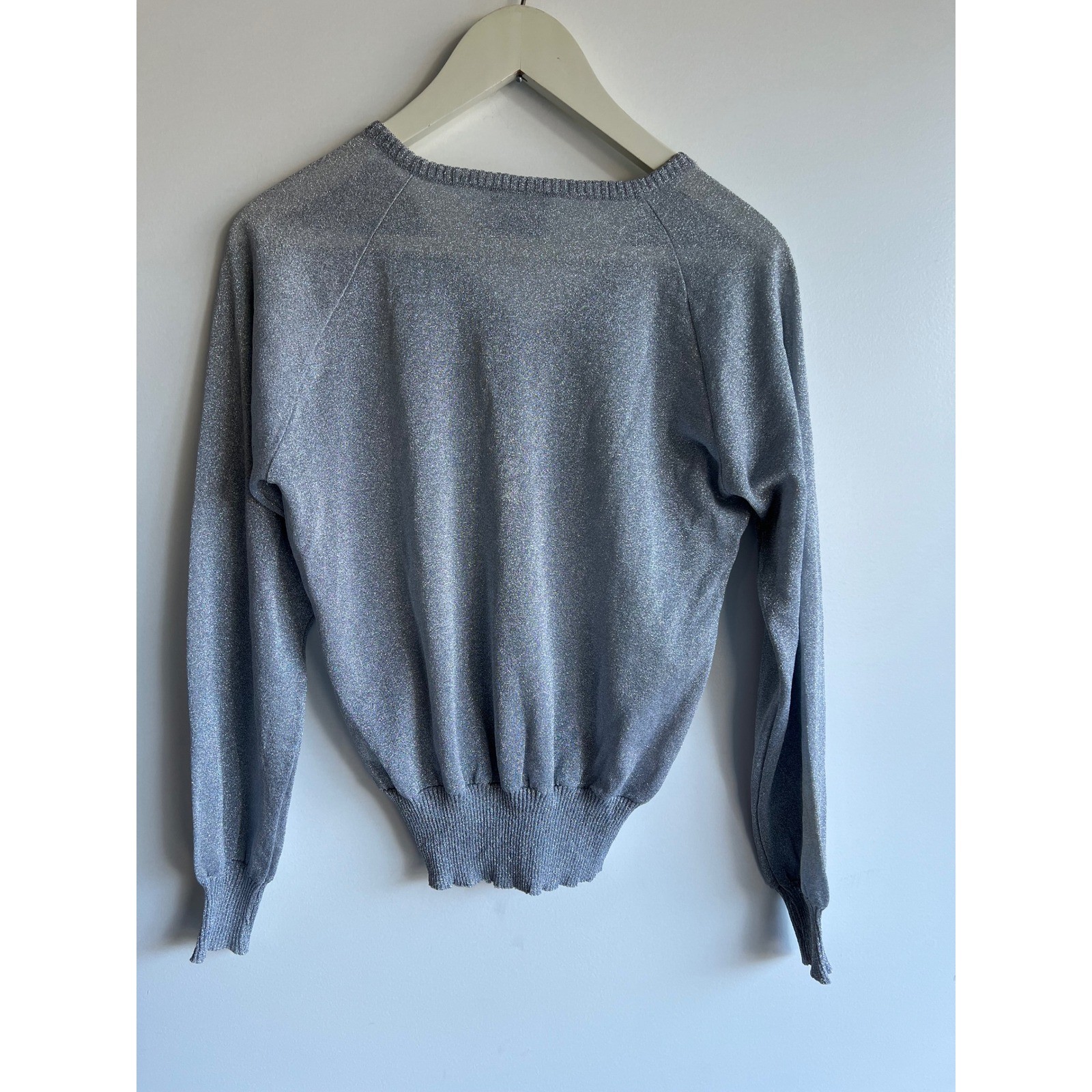 Vintage Silver Metallic Knit Top V Neck Lightweight Sparkle Blouse L Y2K Party