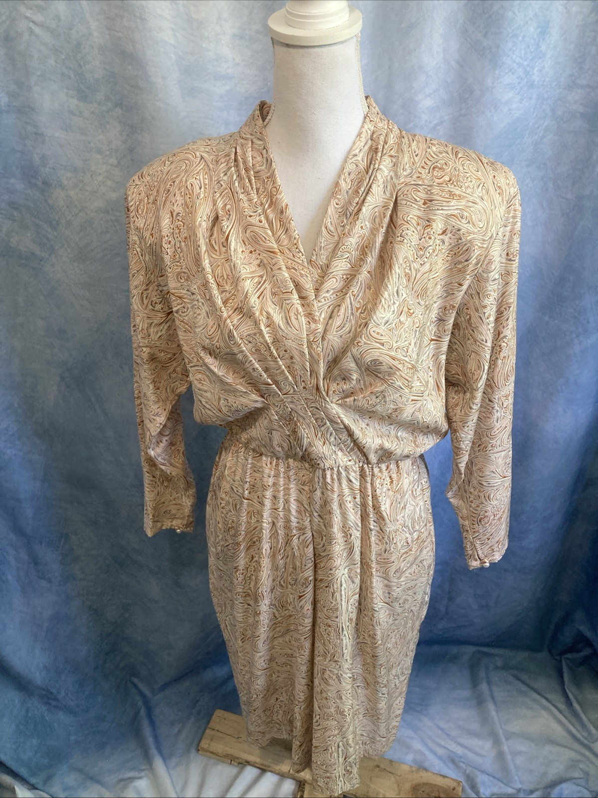 VTG 80s Liz Claiborne Petites Rayon Paisley Midi Dress Shoulder Pads Wrap 12P