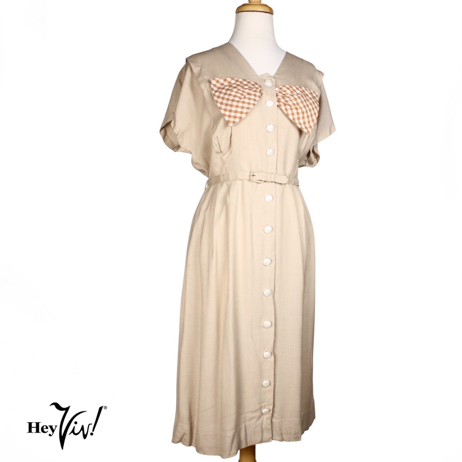 Vintage Reloms Dress Tan w Big Brown and White Check Bow Sz M B38 W34 – Hey Viv