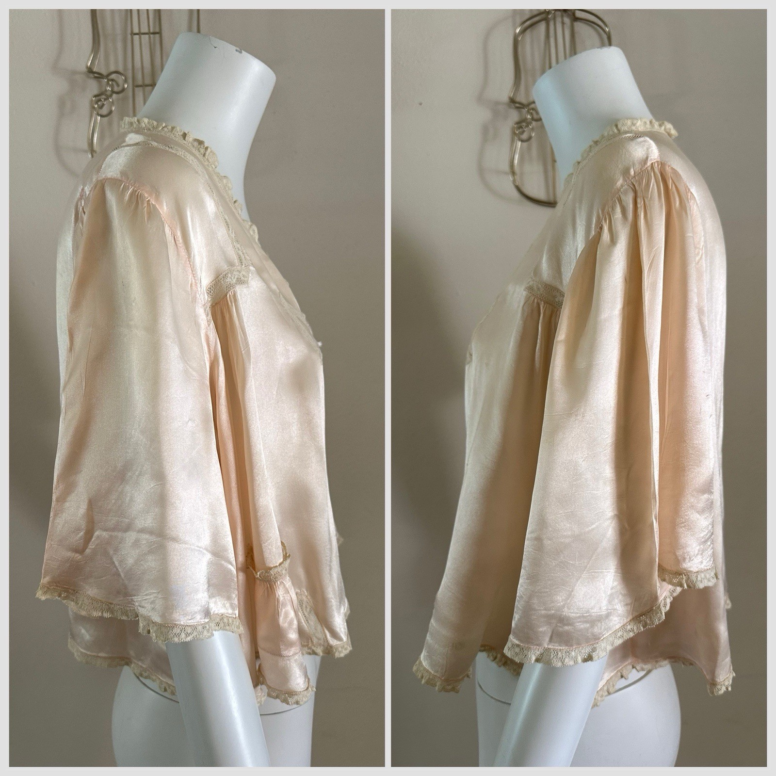1930s Rayon Satin Bed Jacket Champagne Peach Lace Bow Tie Front Boudoir Top VTG
