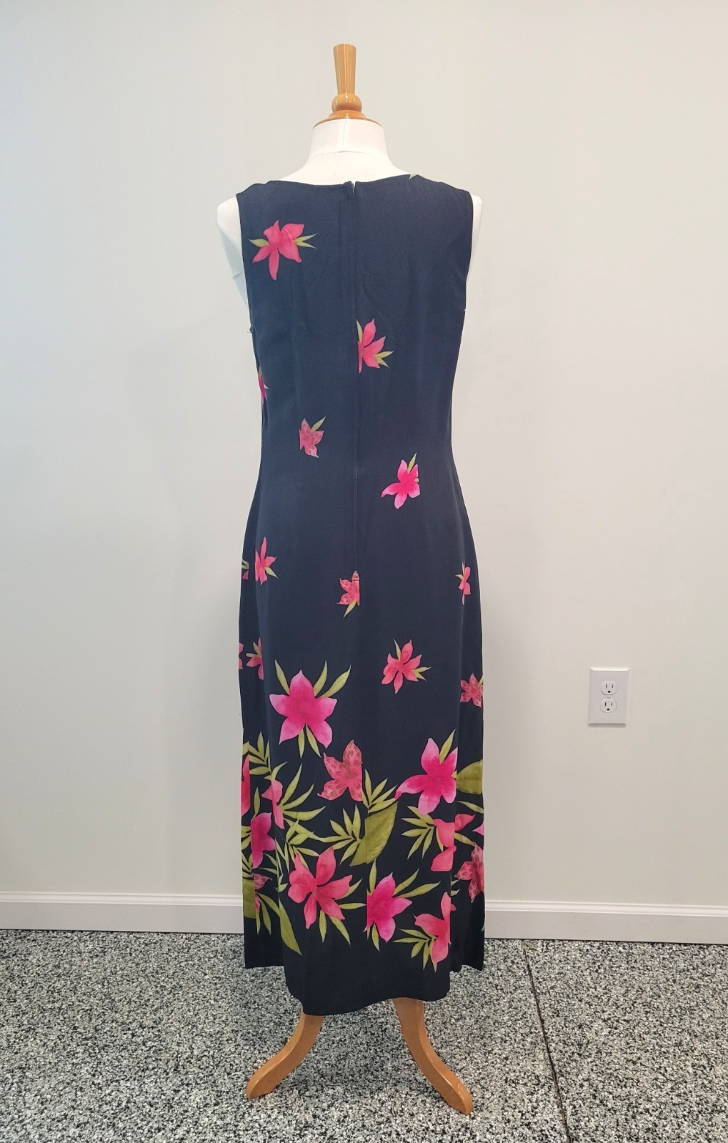 Vintage Maxi Column Dress Black Multicolor Floral Summer Early 1970s L