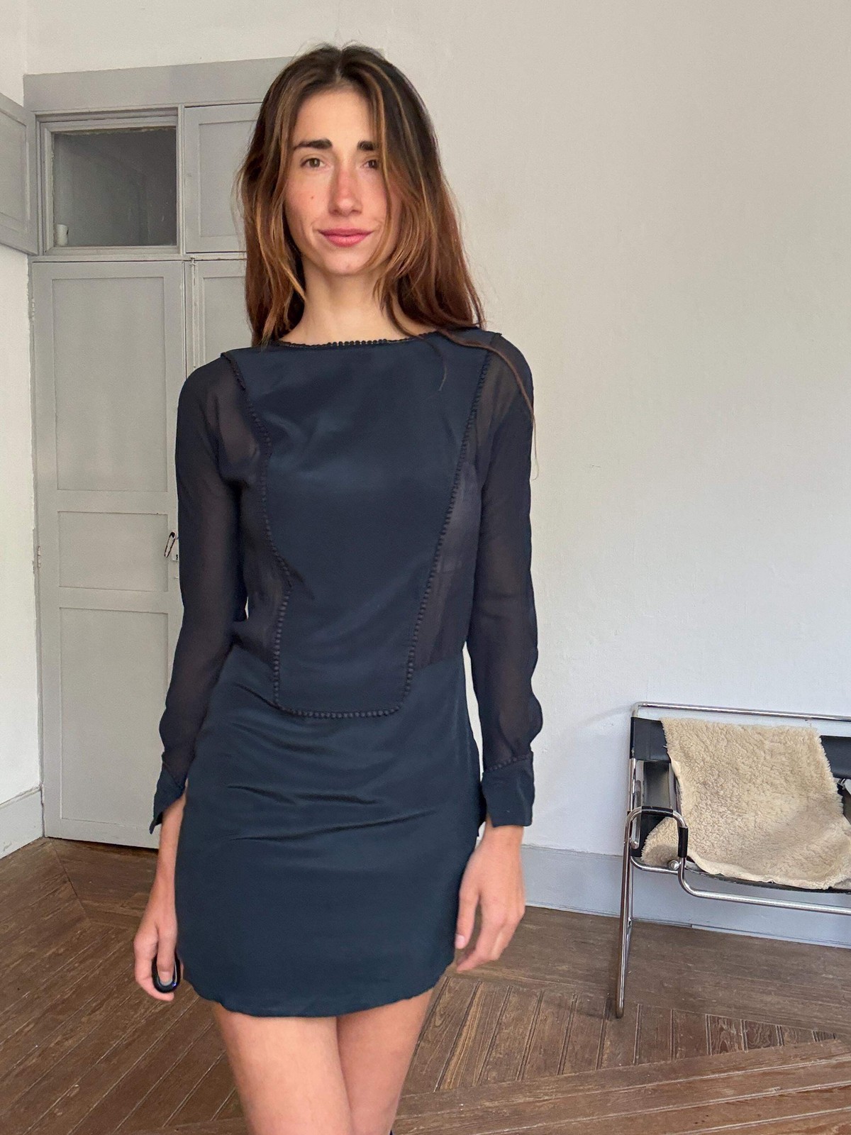 Vintage Hoss Intropia navy silk mini dress – sheer sleeve open back cocktail dre