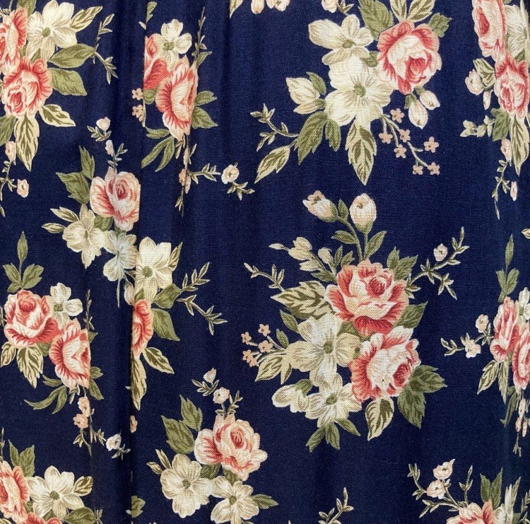 Vintage 1980’s Dark Floral Rose Print Midi Dress, Navy Blue and Pink, Size 12
