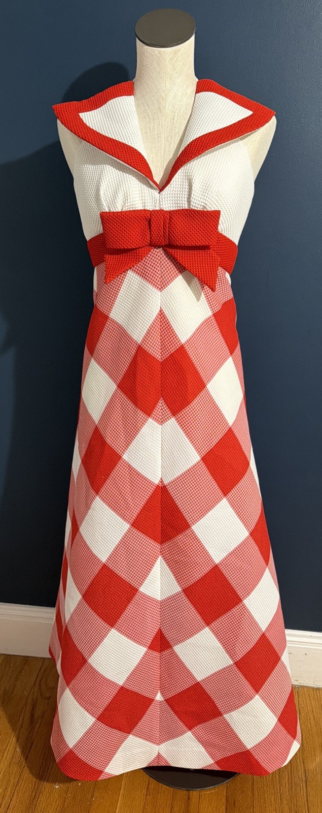 Vintage Maxi Halter Dress 1960s Red White Gingham Union Made 4th Of July USA XS