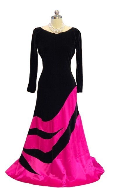 VINTAGE M C EVENINGS HOT PINK SATIN BLACK VELVET GOWN NWT – DRAMATIC FULL SKIRT