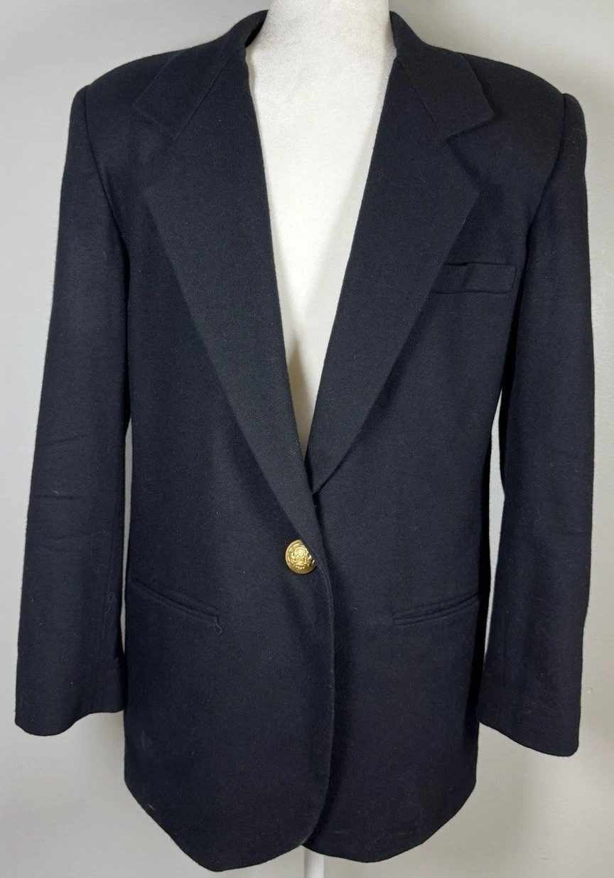Vintage 90s Women’s Blazer 100% Wool Crest Buttons Black Sz 6 Jacqueline Ferrar