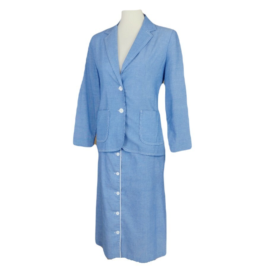VTG RRRRuss Russ Togs Lightweight Cotton Blend Blue Blazer Skirt 2 Piece Set S