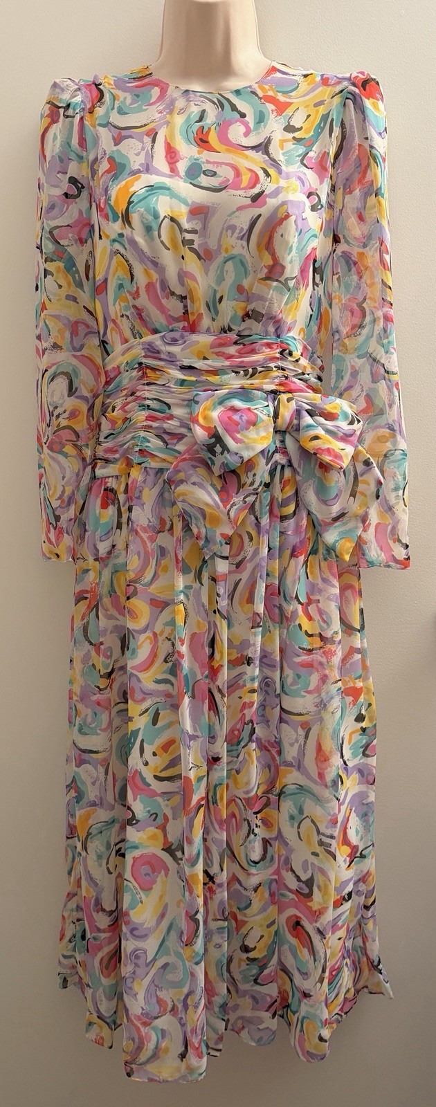 VINTAGE 80&rsquo;S MISS ELLIETTE WOMENS PASTEL WATERCOLOR CHIFFON DRESS XS RUCHED BOW