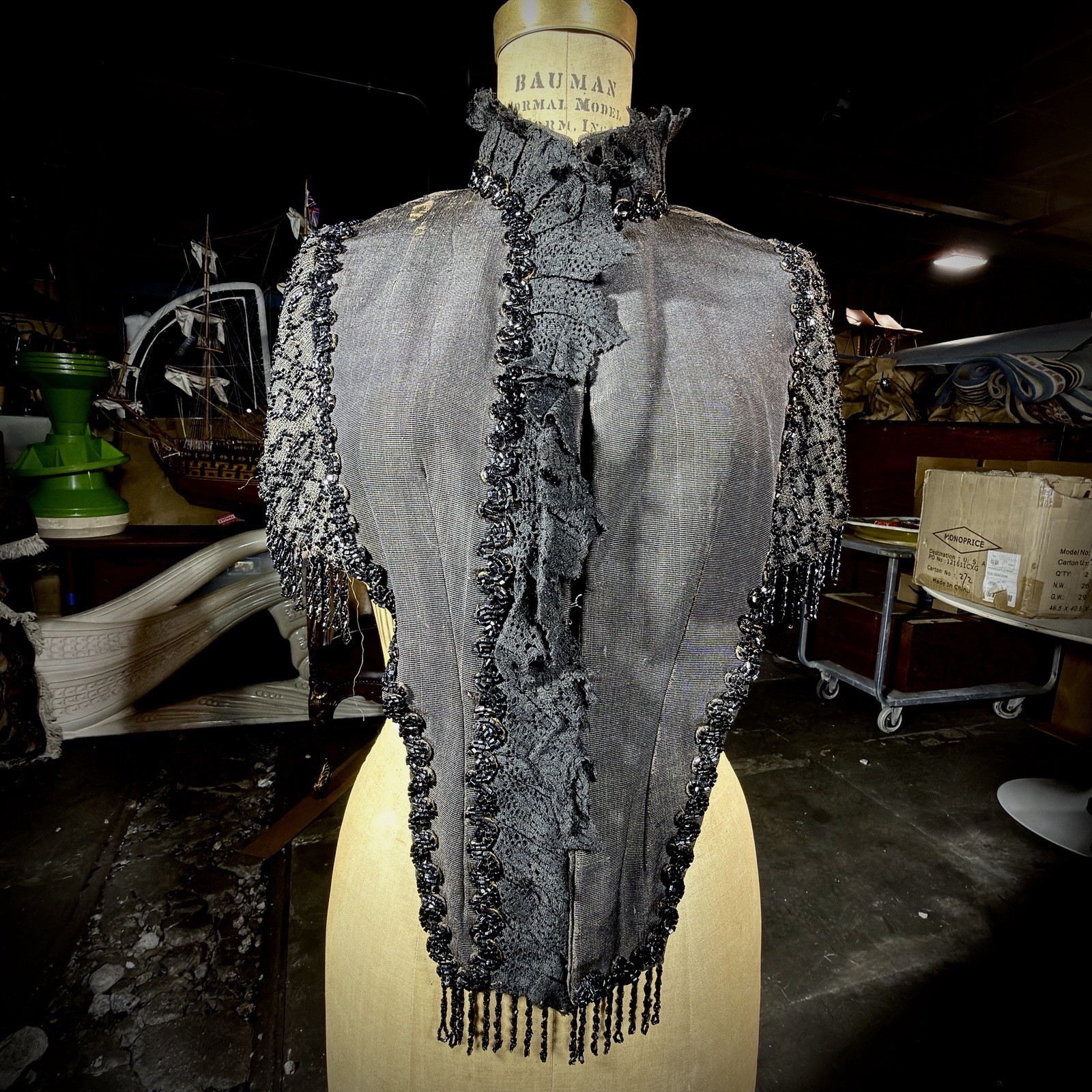 Antique Victorian Mourning Cape | 1880s Jet Beaded & Chantilly Lace Mantle