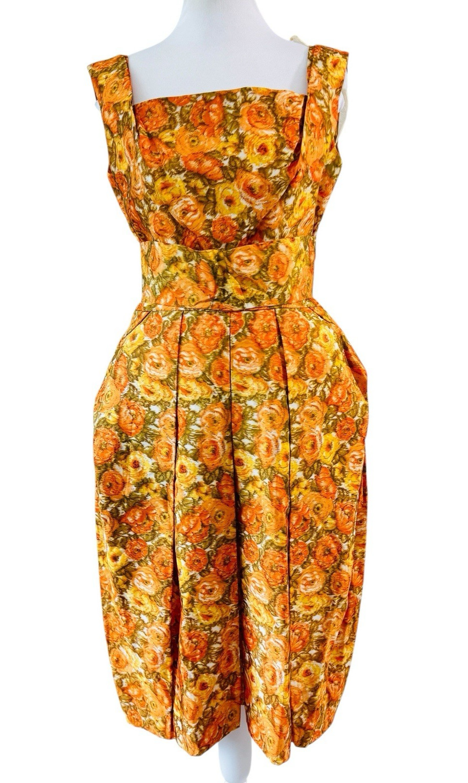 Vintage 50s Dress Size 12 Vibrant Orange Floral Midi Sleeveless Handmade
