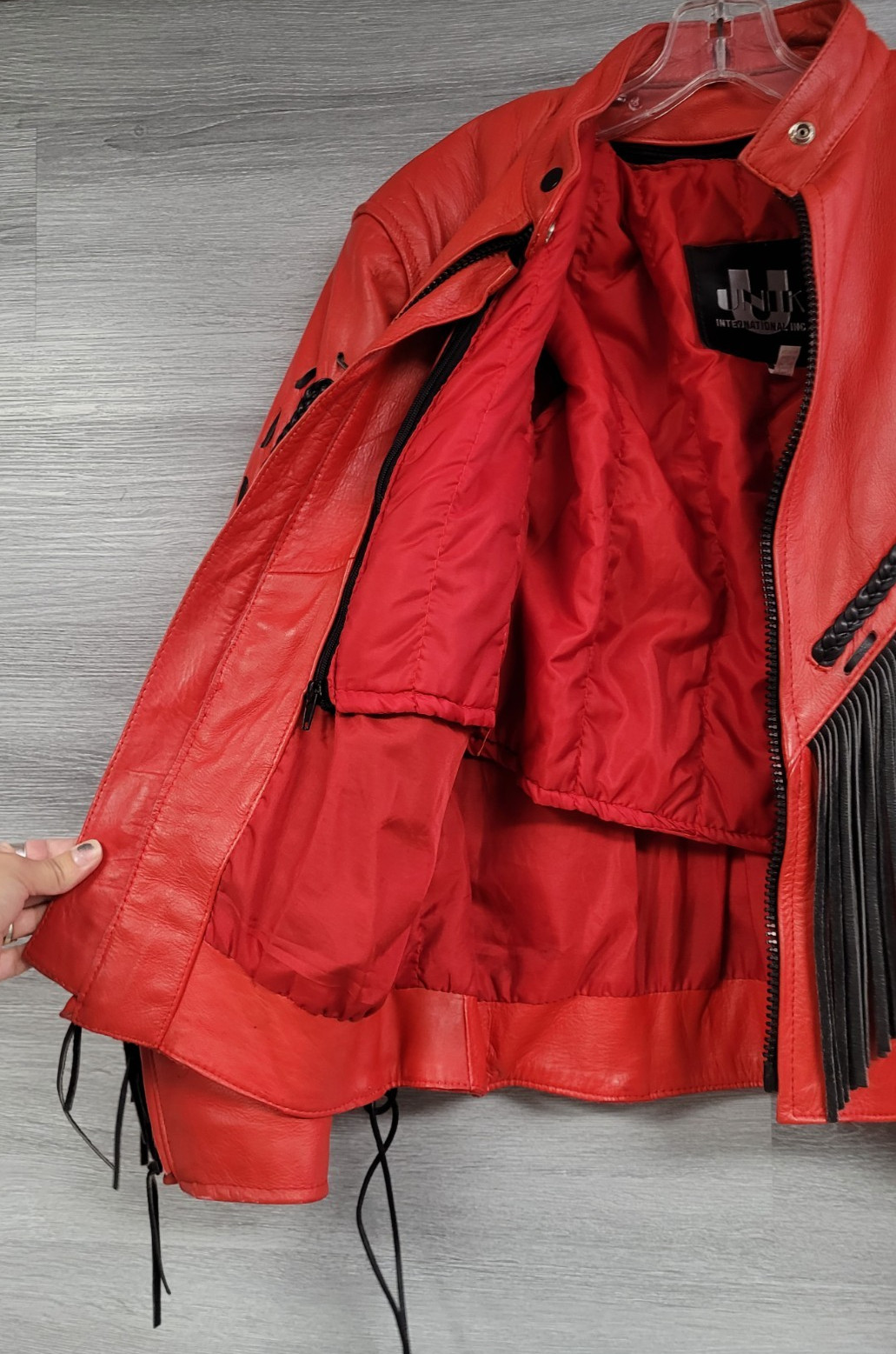 WOMENS VINTAGE LEATHER MOTORCYCLE JACKET UNIK RED FRINGE LACE UP WESTERN LARGE