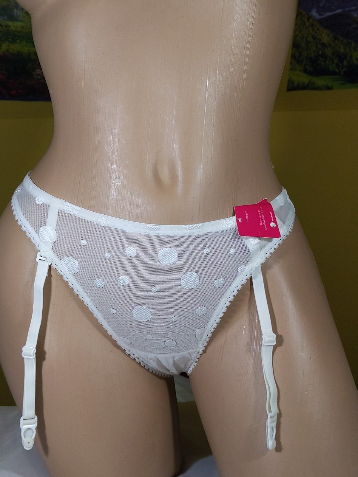 Lily Of France Ivory Lingerie Thong Panty w/ Removable Garter Straps S