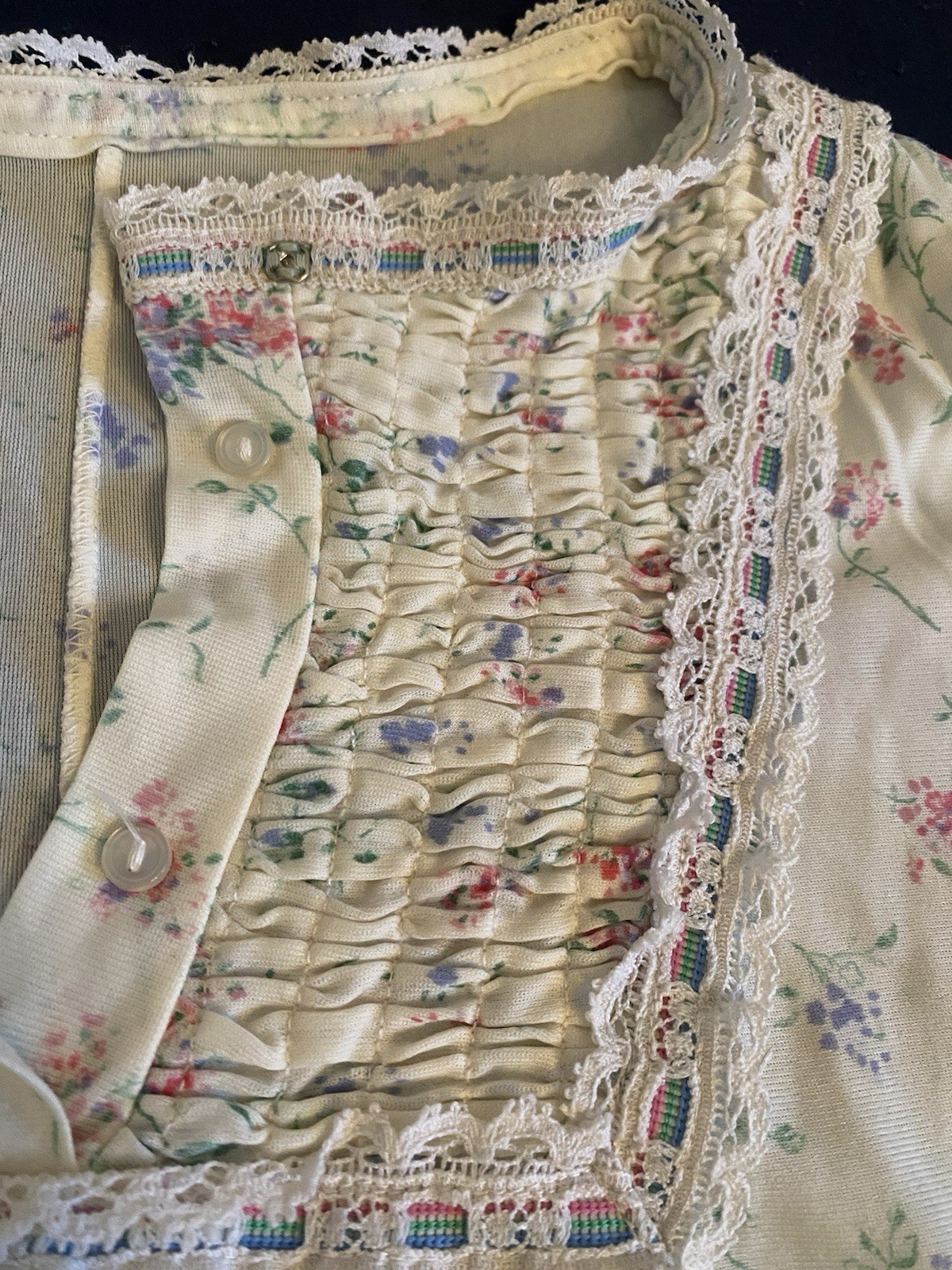 Vintage Miss Elaine Short Floral Nightgown Cotton Lace Long Sleeve Nightie Sz M