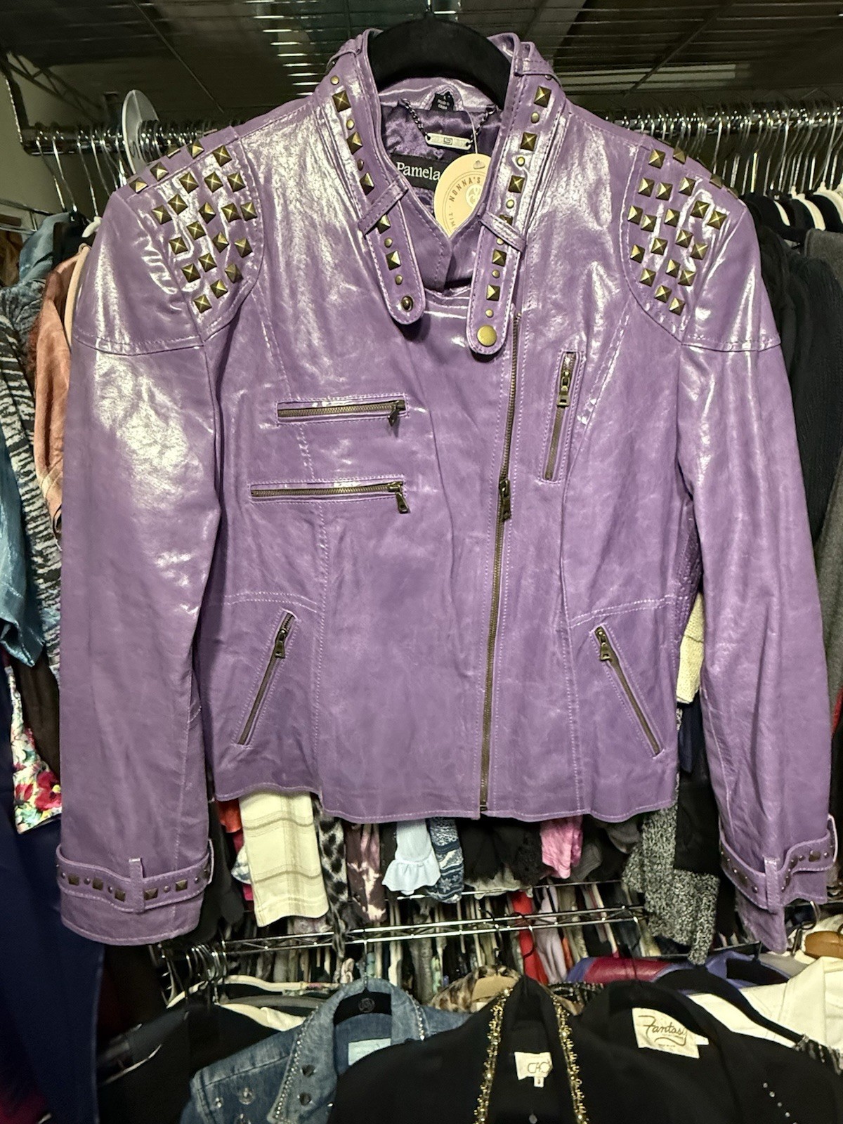 Unique Purple leather moto zipper studded jacket Pamela McCoy
