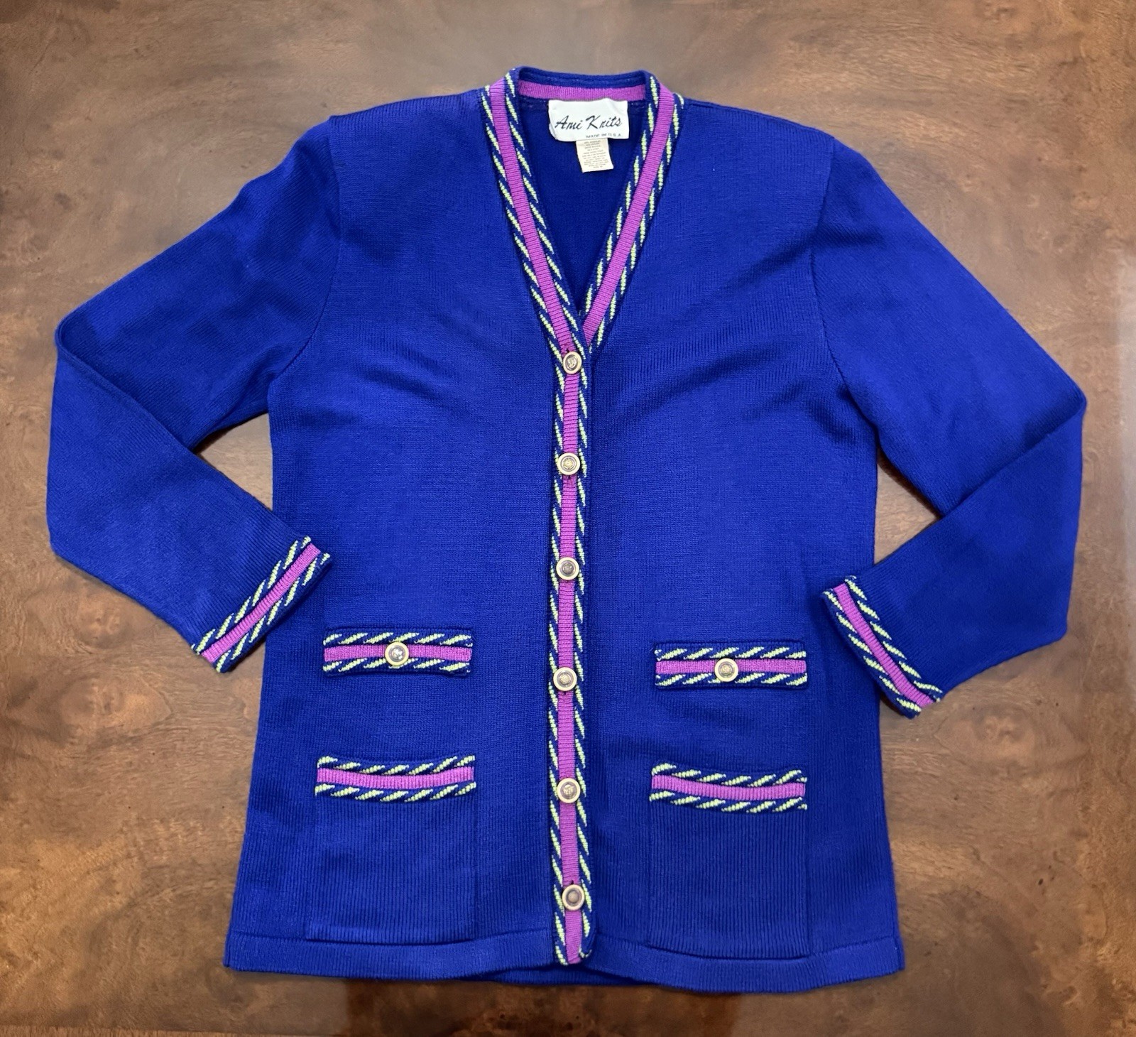 Vintage 70s 80s Ami Knits Cardigan Womens Size 10 Blue Made In The USA