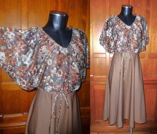 VTG 70&rsquo;s Silky Jersey knit Caramel Brown Cape Lace boho Belted Fit Flare DRESS