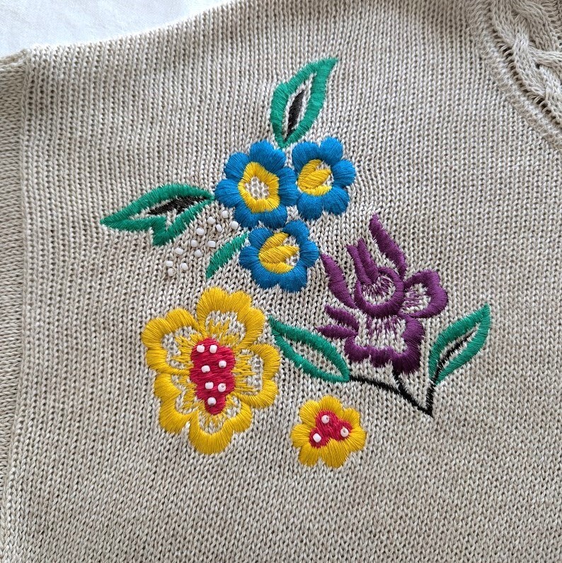 ESCADA Sweater Womens Sz 40 Margaretha Ley Floral Embroidery VTG 80s Linen Blend